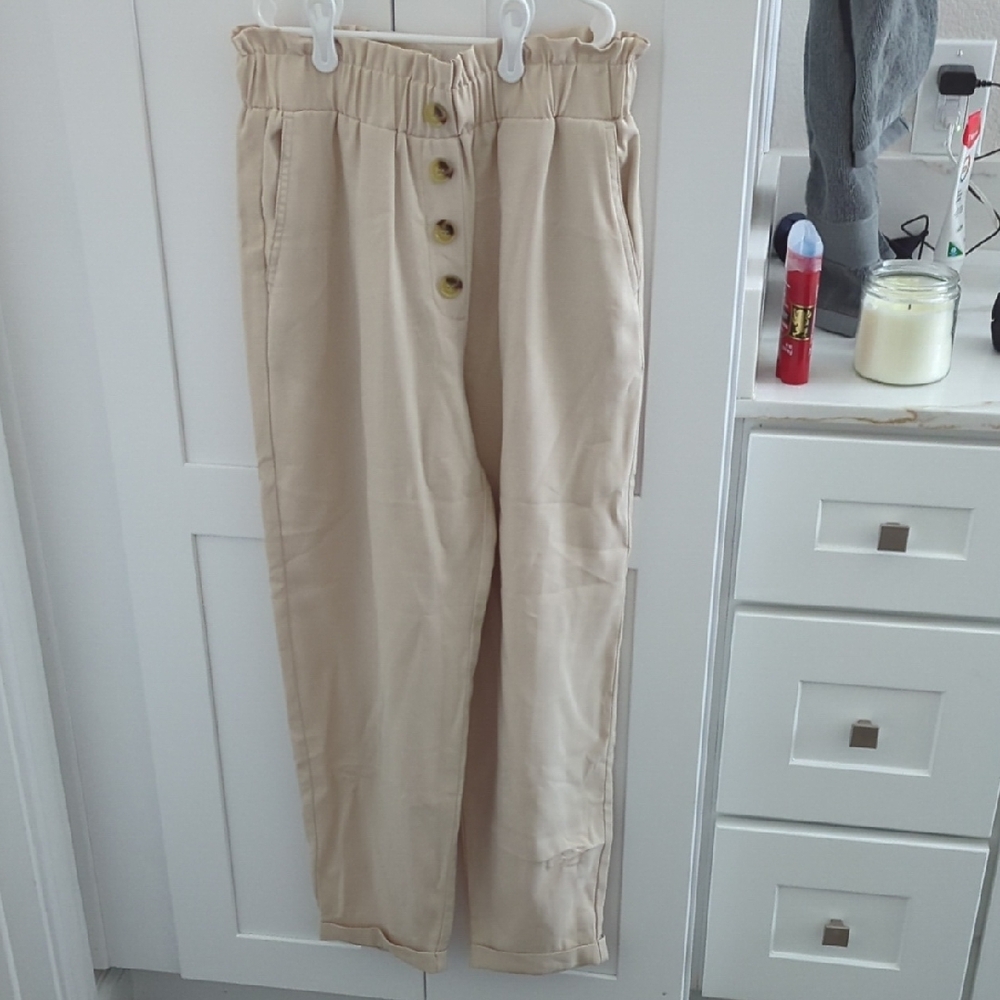 Cream High-Waisted Button Pants